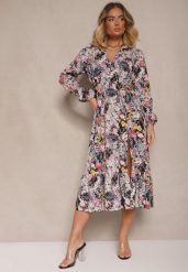 Czarna Sukienka w Kwiatowy Print o Rozkloszowanym Kroju z Dekoltem w Serek Janellia. Czarne sukienki Renee, bez wzorów, bez kołnierzyka, bez ramiączek, midi, rozkloszowane. Za 79.99 zł.
