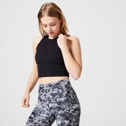 Koszulka bez rękawów damska Domyos Gym & Pilates crop top. Czarne topy NYAMBA, xl, bez wzorów, z bawełny, bez kołnierzyka, bez ramiączek. Za 39.99 zł.