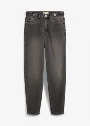 Jeansy mom, high waist, cropped. Niebieskie jeansy bonprix, bez wzorów, z podwyższonym stanem. Za 124.99 zł.