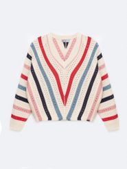 Sweter damski ażurowy w kolorowe paski kremowy Vika 102. Białe swetry Big Star, l, w ażurowe wzory, z bawełny, bez ramiączek. Za 199.99 zł.