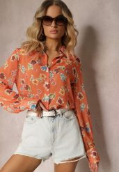 Pomarańczowa Koszula Lekko Transparentna w Kwiecisty Print Gremelia. Brązowe koszule Renee, l, bez wzorów, z jeansu, eleganckie, bez kołnierzyka, bez ramiączek. Za 49.99 zł.