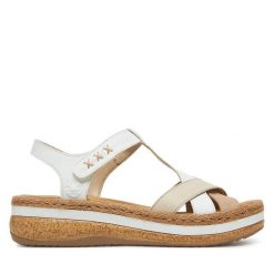 Sandały Rieker. Białe sandały Rieker, bez wzorów, bez obcasa, na koturnie, bez zapięcia. Za 269.99 zł.