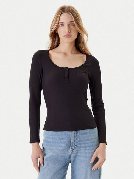 Guess Bluzka O5YI00 KCQ72 Czarny Regular Fit. Czarne bluzki Guess, s, z aplikacjami, bez kołnierzyka, bez ramiączek. Za 129.99 zł.