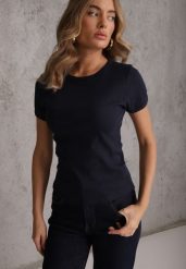 Granatowy Bawełniany T-shirt o Dopasowanym Kroju z Prążkowanego Materiału Lailya. Niebieskie t-shirty Renee, m, bez wzorów, z bawełny, bez kołnierzyka, bez ramiączek. Za 39.99 zł.