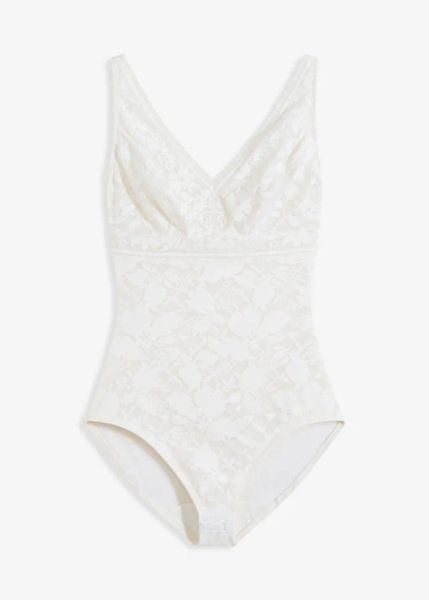 Body shape, średni stopień modelowania sylwetki. Białe body bonprix, bez wzorów, z koronki. Za 147.99 zł.