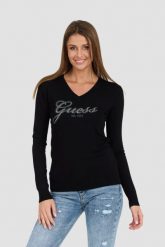 GUESS Czarny damski sweter Saige Logo Vn Ls Swtr, Rozmiar M. Czarne swetry Guess, m, z aplikacjami, z materiału, bez ramiączek. W wyprzedaży za 289.99 zł.