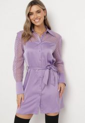 Fioletowa Koszulowa Mini Sukienka z Materiałowym Paskiem i Siateczką w Górnej Części Gudris. Fioletowe sukienki Born2be, bez wzorów, z materiału, bez kołnierzyka, bez ramiączek, mini, koszulowe. Za 64.99 zł.