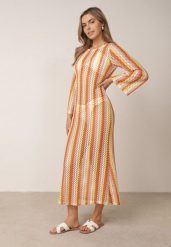 Pomarańczowa Rustykalna Sukienka Letnia z Plecionki w Paski Ixelle. Brązowe sukienki Born2be, na co dzień, na lato, uniwersalny, bez wzorów, eleganckie, bez kołnierzyka, bez ramiączek, maxi, dopasowane. Za 149.99 zł.