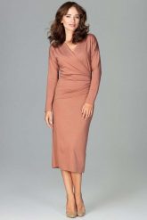 Brązowa Stylowa Sukienka z Kopertowym Dekoltem. Brązowe sukienki Katrus, l, bez wzorów, z elastanu, eleganckie, bez kołnierzyka, bez ramiączek, kopertowe. Za 289.00 zł.
