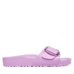 Klapki Birkenstock. Fioletowe klapki Birkenstock, bez wzorów, bez obcasa. Za 229.99 zł.