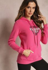 Różowa Bluza Kangurka Ocieplona Polarem z Ozdobnym Nadrukiem Elili. Czerwone bluzy Renee, l, bez wzorów, z jeansu, bez kaptura. Za 79.99 zł.