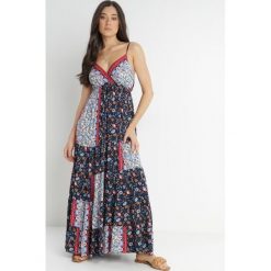 Granatowa Sukienka Olynome. Niebieskie sukienki Born2be, na lato, l, bez wzorów, z wiskozy, boho, bez kołnierzyka, bez ramiączek, maxi, kopertowe. Za 29.99 zł.