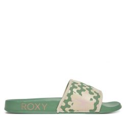 Klapki Roxy. Zielone klapki Roxy, bez wzorów, bez obcasa. Za 79.99 zł.