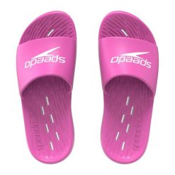 Klapki basenowe antypoślizgowe damskie Speedo Slides. Czerwone klapki Speedo, bez wzorów, bez obcasa. Za 89.99 zł.