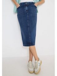 Cecil Spódnica dżinsowa w kolore granatowym rozmiar: W27. Niebieskie spódnice Cecil, na co dzień, z aplikacjami, ze skóry, klasyczne, midi, proste. Za 136.78 zł.