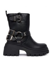 Buffalo Botki Bravr Biker Lo 1220067 Czarny. Czarne botki Buffalo, bez wzorów, ze skóry, bez obcasa, na słupku, bez zapięcia. Za 399.99 zł.