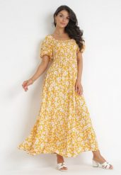 Żółta Rozkloszowana Sukienka Maxi w Kwiaty Casceia. Żółte sukienki Born2be, m, bez wzorów, bez kołnierzyka, bez ramiączek, maxi, rozkloszowane. Za 74.99 zł.