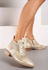 Złote Płaskie Botki z Ażurowym Zdobieniem Skórzaną Wkładką i Sznurowaniem Jagelia. Żółte botki Renee, z aplikacjami, z bawełny, bez obcasa, na obcasie, bez zapięcia. Za 169.99 zł.