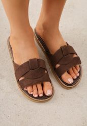 Cienobrązowe Klapki VICES z Przeplatanymi Paskami Anreene. Brązowe klapki Born2be, bez wzorów, bez obcasa, na płaskiej podeszwie. Za 89.99 zł.