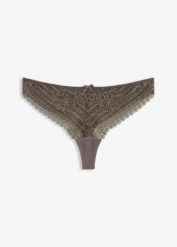 Stringi z delikatnej koronki (2 szt.). Szare stringi bonprix, bez wzorów, z koronki. Za 64.99 zł.