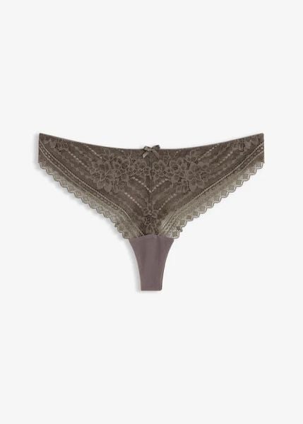 Stringi z delikatnej koronki (2 szt.). Szare stringi bonprix, bez wzorów, z koronki. Za 64.99 zł.