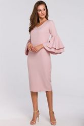 Sukienka elegancka midi z bufiastymi rękawami róż - OUTLET. Czerwone sukienki Makover, xl, bez wzorów, eleganckie, bez kołnierzyka, bez ramiączek, midi, dopasowane. Za 159.00 zł.
