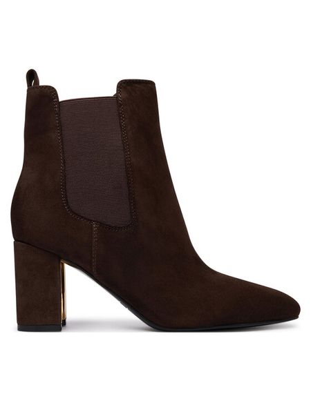 Guess Botki FLFFIE SUE10 Brązowy. Brązowe botki Guess, z aplikacjami, ze skóry, bez obcasa, na słupku, bez zapięcia. Za 674.99 zł.