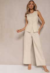Beżowe Szerokie Spodnie High Waist z Bawełny z Gumką w Talii Nalilva. Brązowe spodnie materiałowe Renee, do pracy, m, bez wzorów, z bawełny, z podwyższonym stanem. Za 89.99 zł.