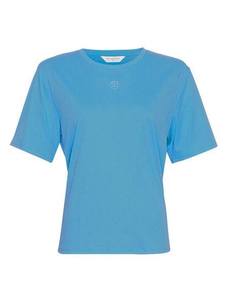 MOSS COPENHAGEN Koszulka w kolorze niebieskim rozmiar: M/L. Niebieskie bluzki Moss Copenhagen, l, bez wzorów, z bawełny, bez kołnierzyka, bez ramiączek. Za 69.91 zł.