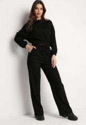 Czarny Komplet Bawełniany Spodnie Szerokie ze Sznurkiem w Pasie i Bluza ze Ściągaczami Urionne. Czarne bluzy Born2be, l, bez wzorów, z bawełny, bez kaptura. Za 149.99 zł.
