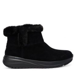 Botki Skechers. Czarne botki Skechers, bez wzorów, bez obcasa, na płaskiej podeszwie, bez zapięcia. Za 449.99 zł.