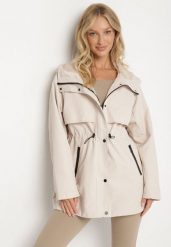Jasnobeżowa Klasyczna Kurtka Parka z Kapturem i Ściągaczem w Pasie Cinelle. Brązowe parki Born2be, l, z jeansu, klasyczne, z kapturem. Za 189.99 zł.