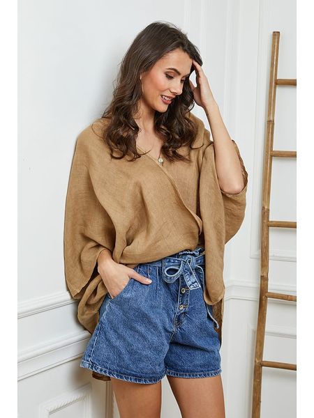 Fleur de Lin Lniana bluzka w kolorze jasnobrązowym rozmiar: S. Brązowe bluzki Fleur de Lin, s, bez wzorów, ze lnu, z asymetrycznym kołnierzem, bez ramiączek. Za 136.45 zł.