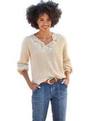 Heine Sweter w kolorze beżowym rozmiar: 42. Brązowe swetry Heine, bez wzorów, z bawełny, bez ramiączek. Za 104.89 zł.