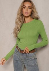 Jasnozielony Casualowy Sweter z Prążkowanego Materiału Zintra. Zielone swetry Renee, m, bez wzorów, z jeansu, bez ramiączek. Za 69.99 zł.