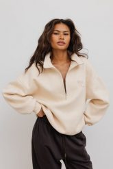 Bluza oversize z zamkiem w kolorze BISQUIT - STATE. Brązowe bluzy Marsala, bez wzorów, z bawełny, bez kaptura. Za 299.90 zł.