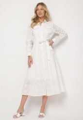 Biała Bawełniana Sukienka z Ażurowym Wzorem i Paskiem Noviellea. Białe sukienki Born2be, l, z aplikacjami, z bawełny, eleganckie, bez kołnierzyka, bez ramiączek, maxi. Za 159.99 zł.