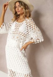 Biała Bluzka z Ażurowego Materiału Bawełniana Euralia. Białe bluzki Renee, w ażurowe wzory, z bawełny, eleganckie, bez kołnierzyka, bez ramiączek. W wyprzedaży za 69.99 zł.