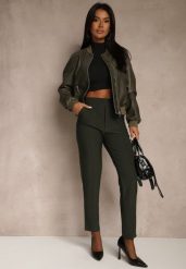 Ciemnozielone Spodnie z Kantem i Imitacją Kieszeni Rearie. Zielone spodnie materiałowe Renee, na co dzień, plus size, bez wzorów, z jeansu, plus size. Za 49.99 zł.