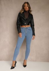 Niebieskie Bawełniane Jeansy Skinny z Guzikami Hirgisse. Niebieskie jeansy Renee, na co dzień, l, bez wzorów, z bawełny, z podwyższonym stanem. Za 79.99 zł.