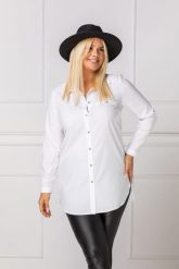 Elegancka biała długa zapinana koszula PLUS SIZE XXL. Białe koszule Nasi partnerzy, plus size, bez wzorów, z poliesteru, eleganckie, bez kołnierzyka, plus size, bez ramiączek. Za 199.90 zł.