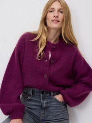 Kardigan z wełną - ciemnofioletowy. Fioletowe kardigany Reserved, l, bez wzorów, z dzianiny. Za 279.99 zł.