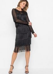 Sukienka midi z przewiewnego siatkowego materiału z frędzlami. Czarne sukienki bonprix, na imprezę, bez wzorów, eleganckie, bez kołnierzyka, bez ramiączek, midi. Za 189.99 zł.