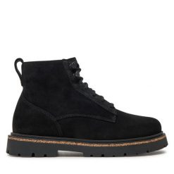 Trzewiki Birkenstock. Czarne botki Birkenstock, bez wzorów, ze lnu, bez obcasa, na płaskiej podeszwie, bez zapięcia. Za 759.99 zł.