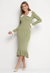 Zielona Dzianinowa Sukienka Retro z Wiskozą z Kołnierzykiem i Falbanami Hanlira. Zielone sukienki Born2be, na co dzień, m, bez wzorów, z dzianiny, eleganckie, bez kołnierzyka, bez ramiączek, maxi, dopasowane. Za 149.99 zł.