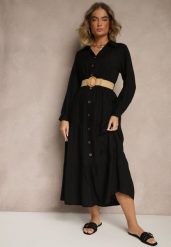 Czarna Wiskozowa Sukienka o Koszulowym Kroju z Paskiem z Klamrą Feluriela. Czarne sukienki Renee, na co dzień, l, bez wzorów, z wiskozy, eleganckie, bez kołnierzyka, bez ramiączek, maxi, kopertowe. Za 79.99 zł.