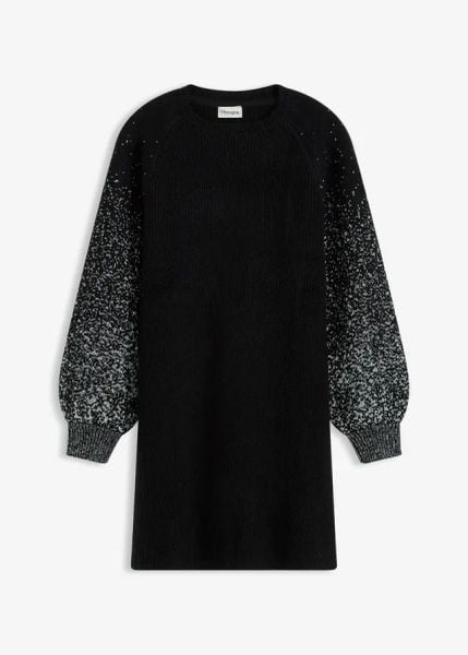 Sukienka dzianinowa z efektem połysku. Czarne sukienki bonprix, bez wzorów, z dzianiny, bez kołnierzyka, bez ramiączek. Za 149.99 zł.