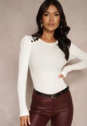 Biała Bawełniana Bluzka z Prążkowanego Materiału z Guzikami Simlemi. Białe bluzki Renee, l, bez wzorów, z bawełny, eleganckie, bez kołnierzyka, bez ramiączek. W wyprzedaży za 45.49 zł.