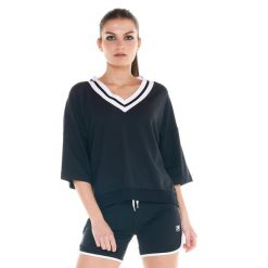 Czarno-biała bluza damska z dekoltem w kształcie litery V. Czarne bluzy LEONE 1947 APPAREL, l, bez wzorów, z tkaniny, bez kaptura. W wyprzedaży za 139.75 zł.