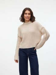 Vero Moda Sweter "New Cream" w kolorze beżowym rozmiar: M. Brązowe swetry Vero Moda, m, bez wzorów, ze splotem, bez ramiączek. Za 127.95 zł.